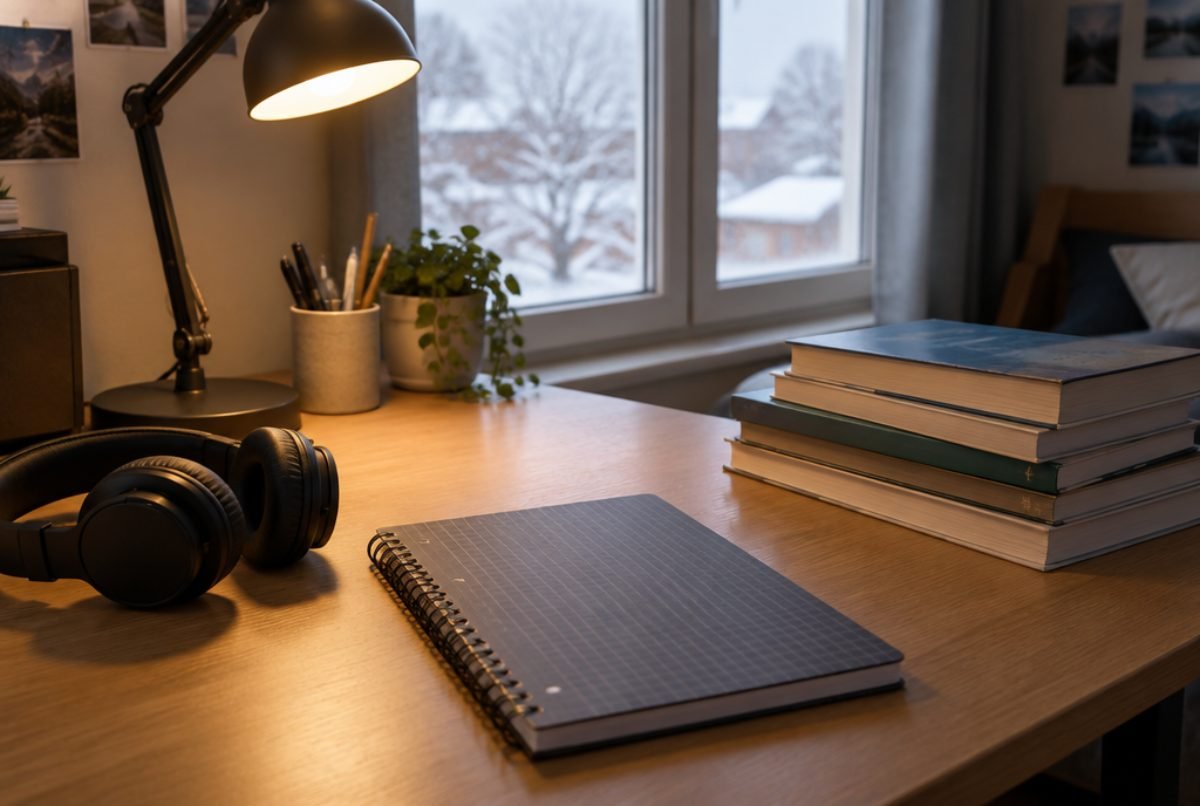 Cahier de mathématiques fermé sur un bureau d'adolescent, avec casque audio et lampe, pendant les vacances