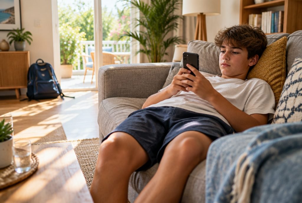 Adolescent allongé sur le canapé pendant les vacances