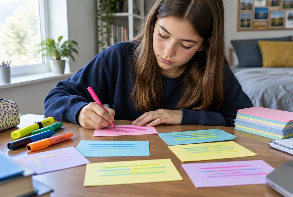 Collégien qui prépare des fiches de révision colorées