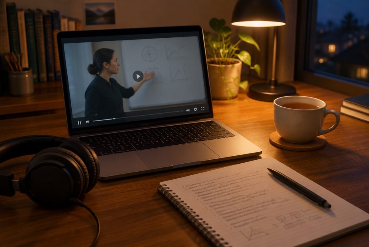Ordinateur avec un cours vidéo en pause et un cahier de notes, apprentissage asynchrone