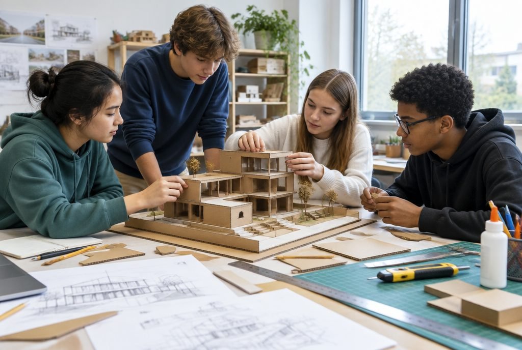 Élèves qui construisent une maquette ensemble, apprentissage par projets