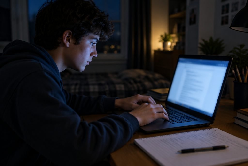 Adolescent qui fait ses devoirs sur ordinateur le soir
