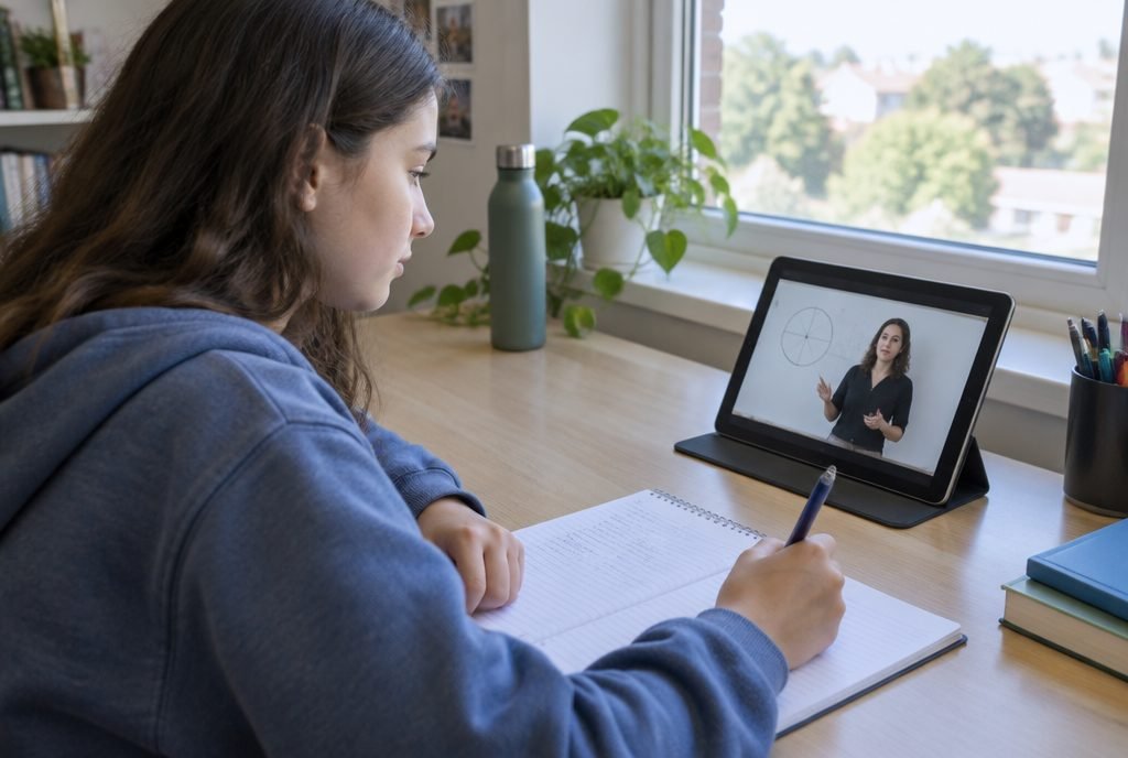 Adolescent qui regarde une vidéo de cours sur tablette et prend des notes