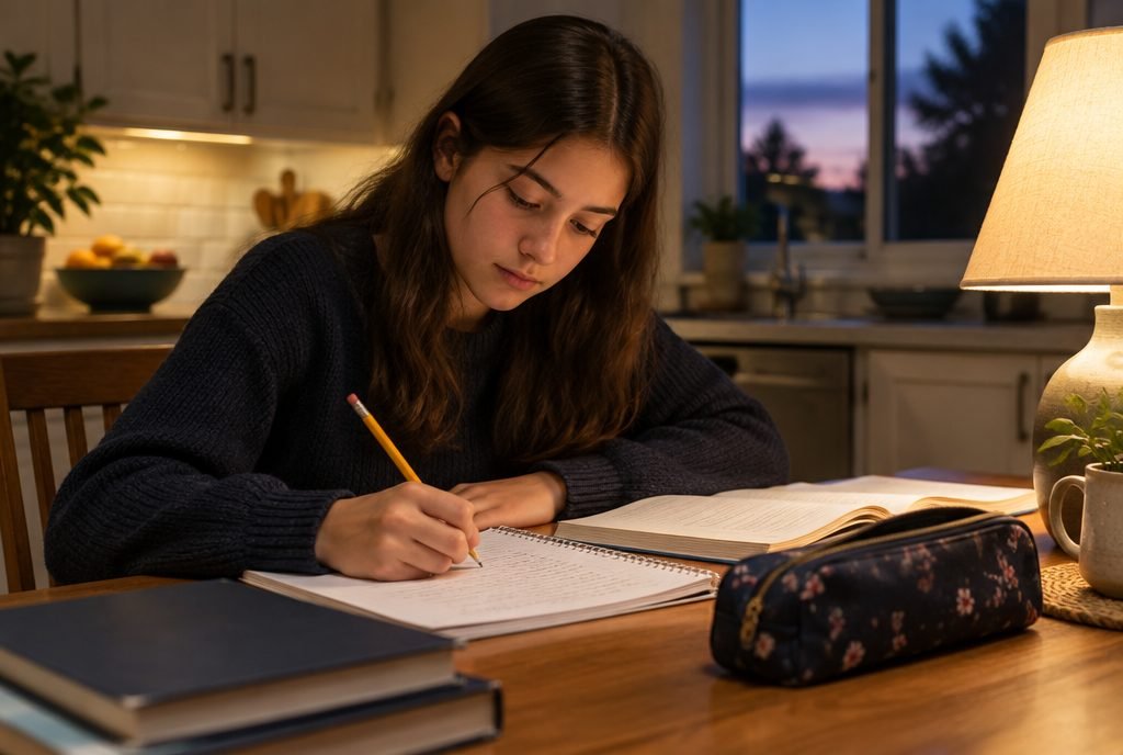 Adolescent qui fait ses devoirs le soir à la table de la cuisine