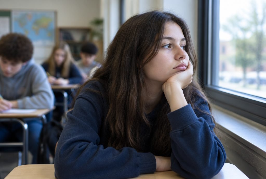Adolescent qui s'ennuie en classe et regarde par la fenêtre