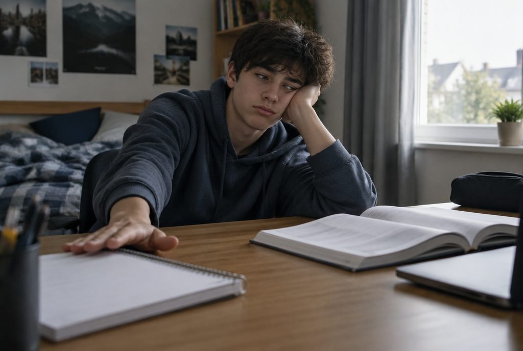 Adolescent qui repousse son cahier, refus de travailler