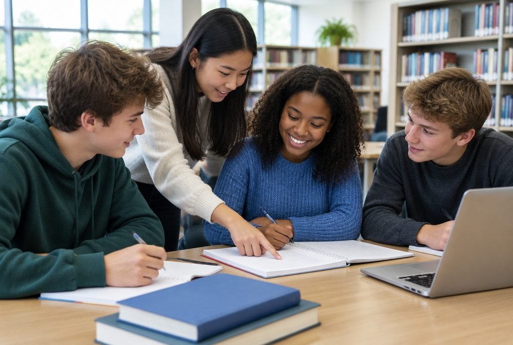 Groupe d'élèves qui s'entraident autour d'une table à la bibliothèque