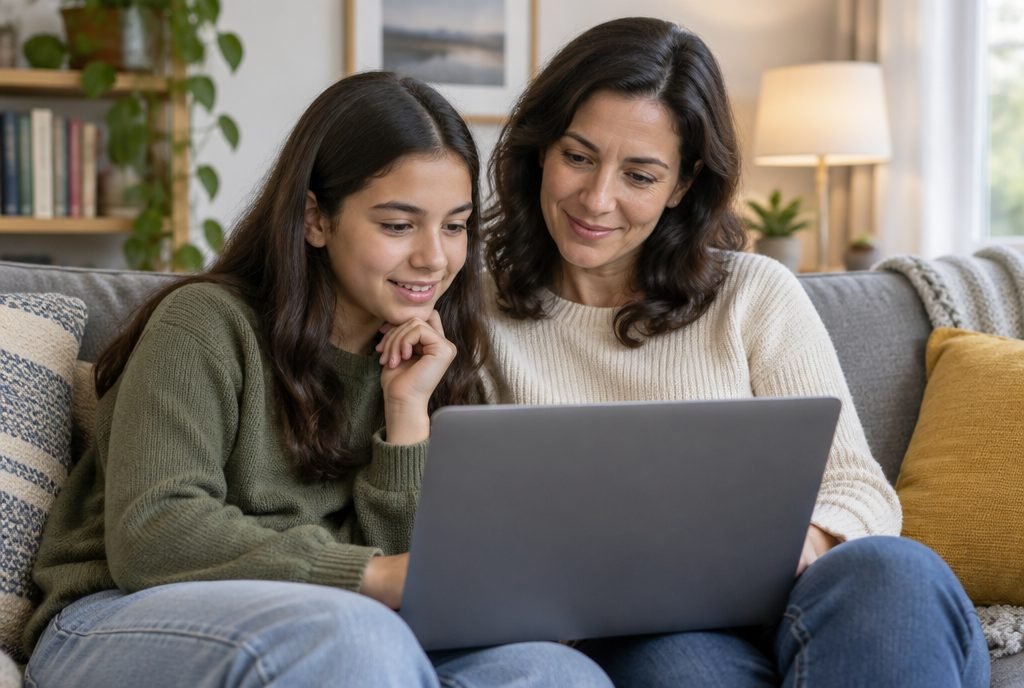Parent et adolescent qui explorent les options d'orientation sur un ordinateur