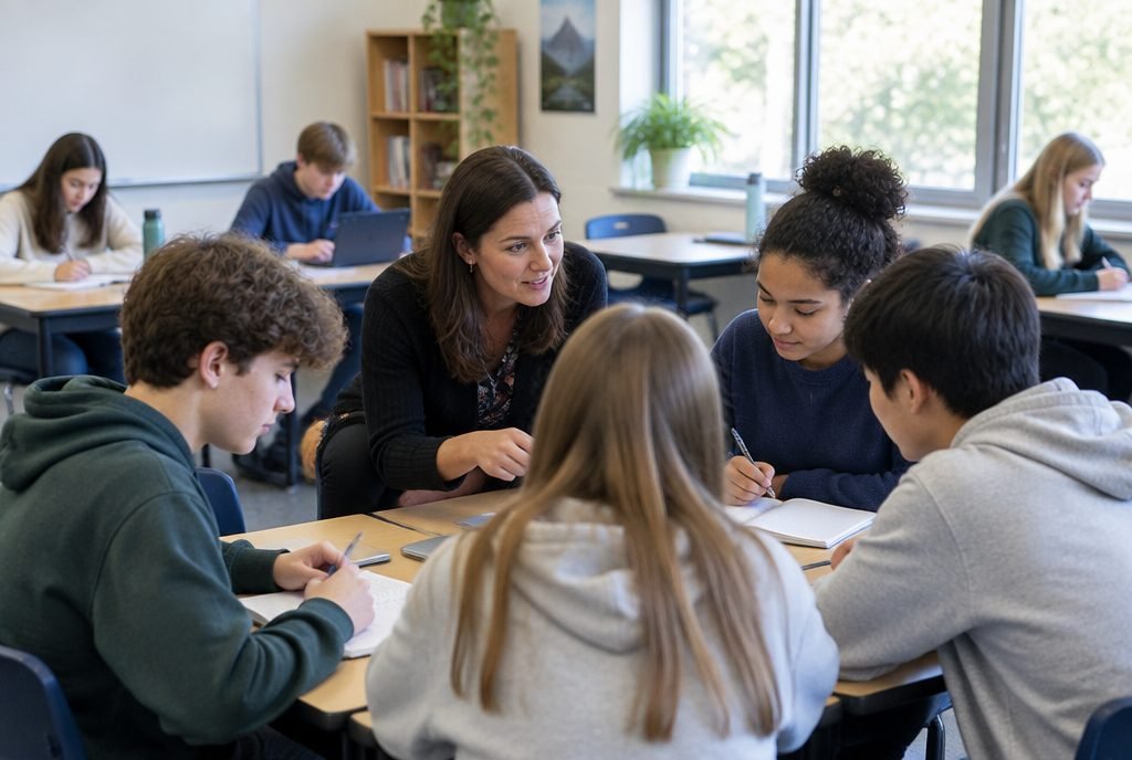 Enseignante qui aide un petit groupe d'élèves pendant que les autres travaillent seuls