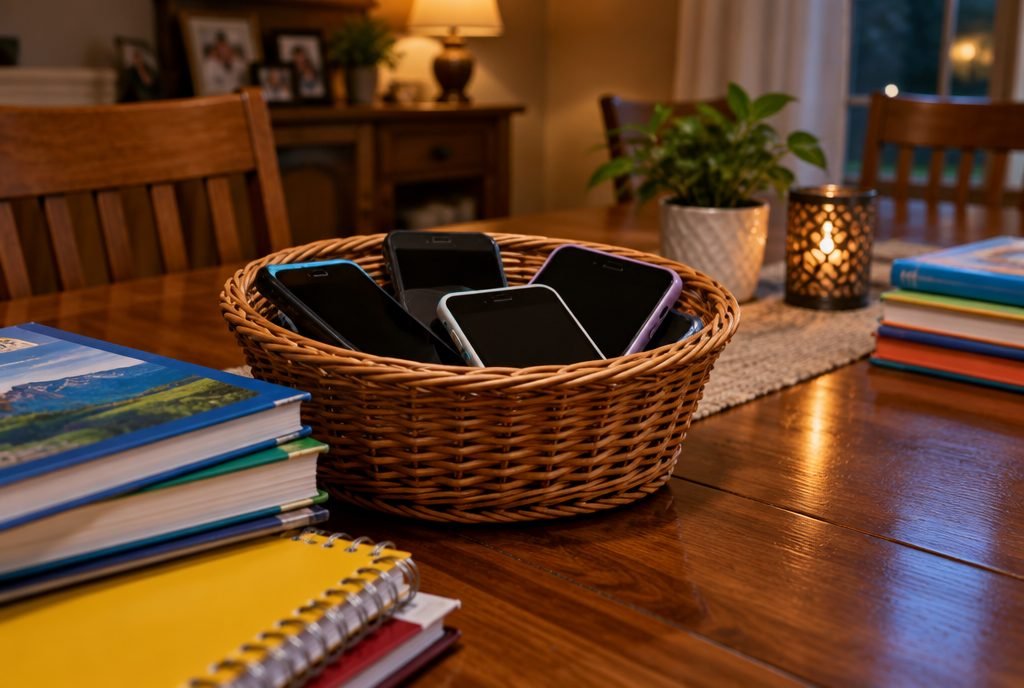 Téléphones rangés dans un panier sur la table familiale