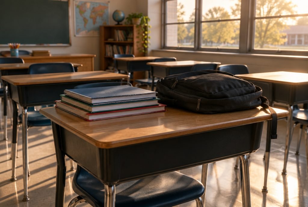 Pupitre vide et cartable en fin d'année scolaire