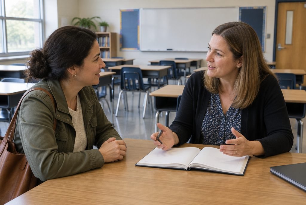 Parent et professeur en rendez-vous dans une salle de classe