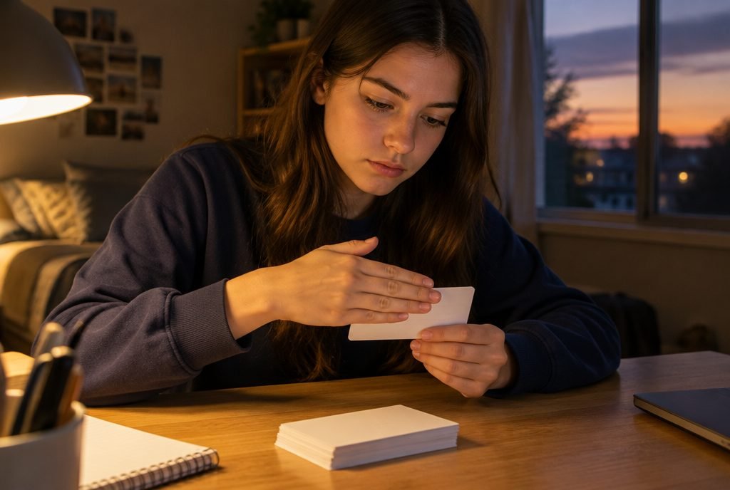 Lycéenne qui se teste avec des fiches de révision