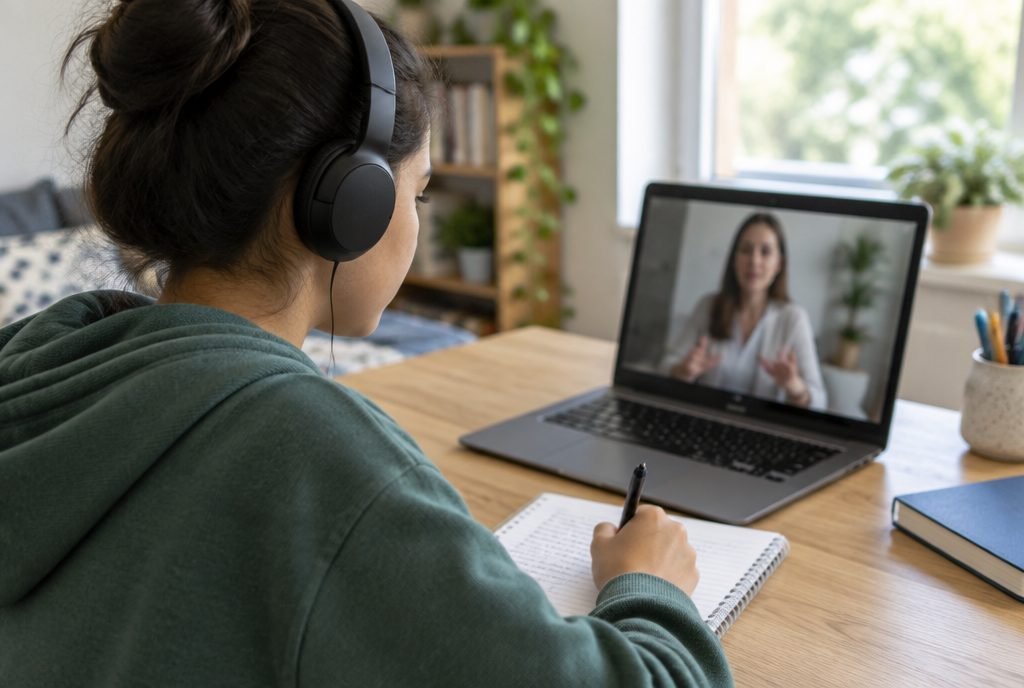 Élève en cours de soutien scolaire en ligne par visio