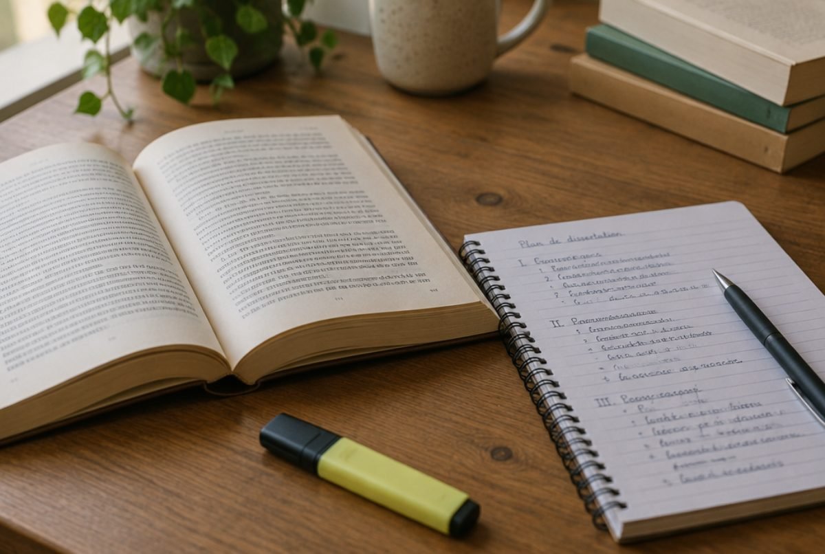 Livre ouvert et cahier avec un plan de dissertation sur un bureau en bois