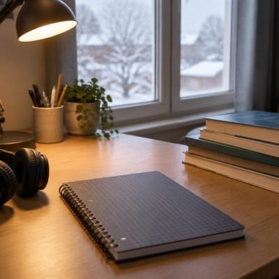 Cahier de mathématiques fermé sur un bureau d'adolescent, avec casque audio et lampe, pendant les vacances