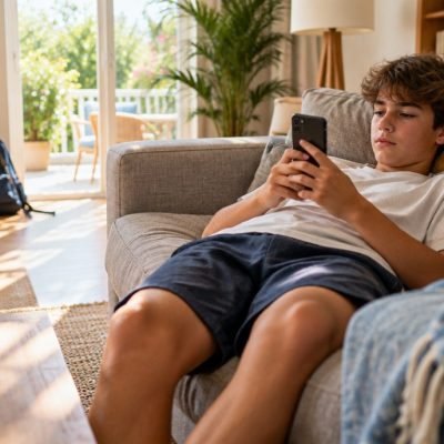 Adolescent allongé sur le canapé pendant les vacances