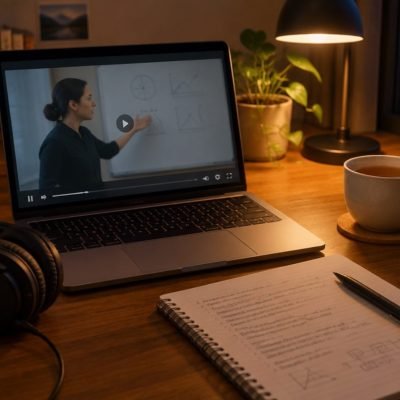 Ordinateur avec un cours vidéo en pause et un cahier de notes, apprentissage asynchrone