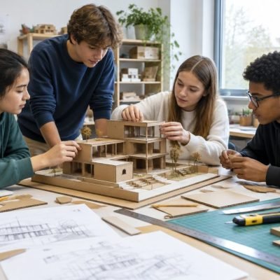 Élèves qui construisent une maquette ensemble, apprentissage par projets