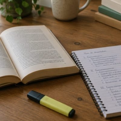 Livre ouvert et cahier avec un plan de dissertation sur un bureau en bois