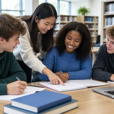 Groupe d'élèves qui s'entraident autour d'une table à la bibliothèque