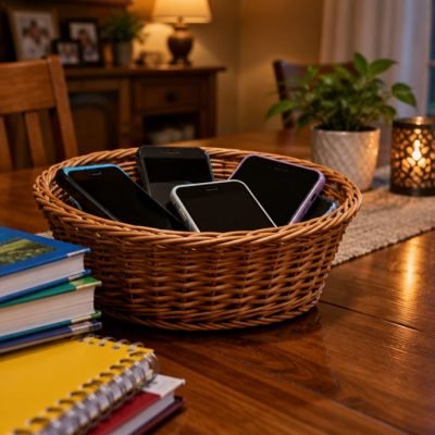 Téléphones rangés dans un panier sur la table familiale