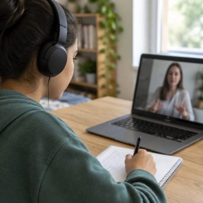Élève en cours de soutien scolaire en ligne par visio